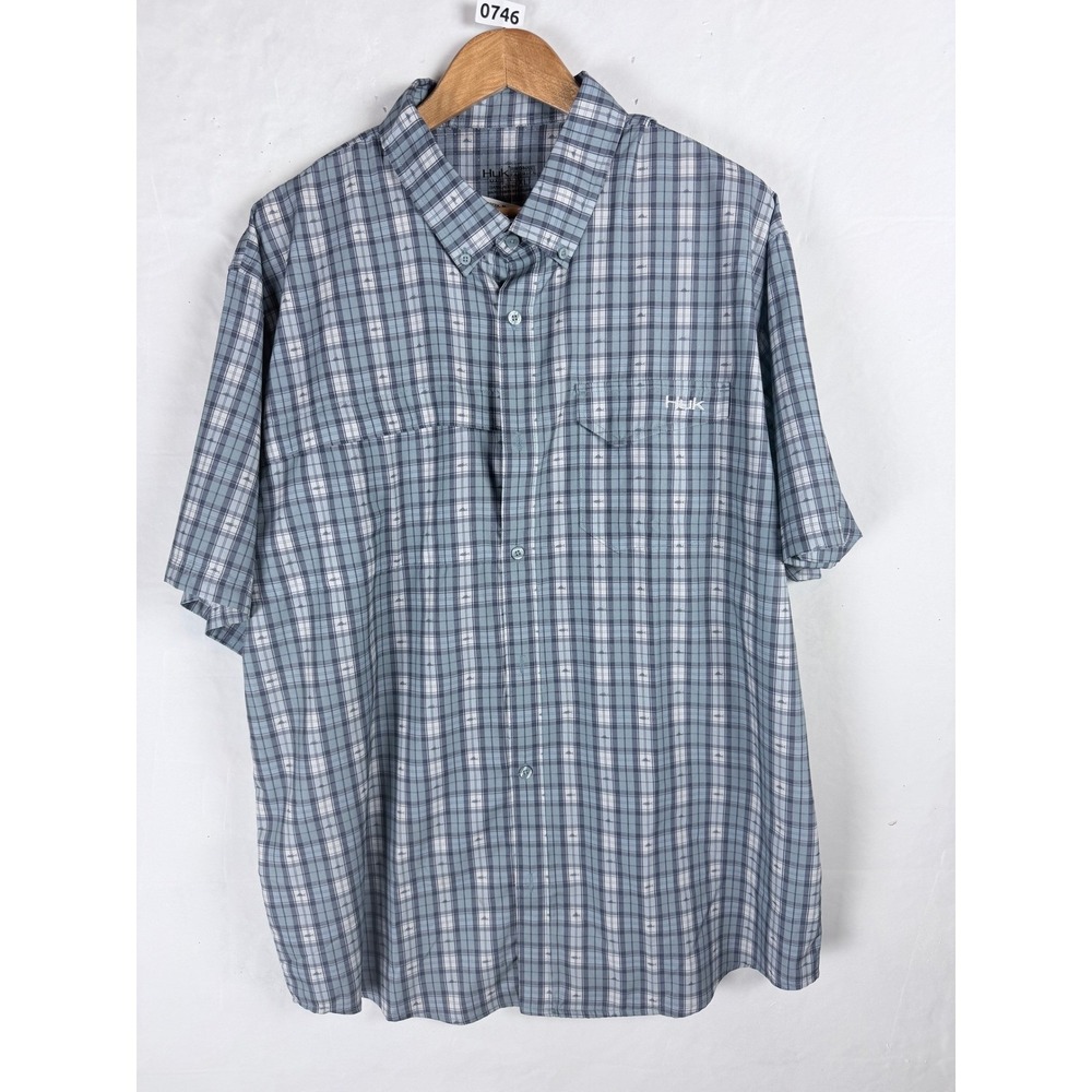 2/$30 Huk Blue White Plaid Performance Fishing Short Sleeve Button Up Shirt XL